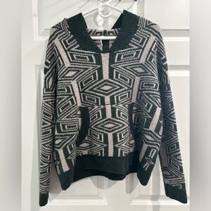 Free People Geometric Hooded Sweater Sz XS Oversized Boxy Wool Blend Boho Cozy